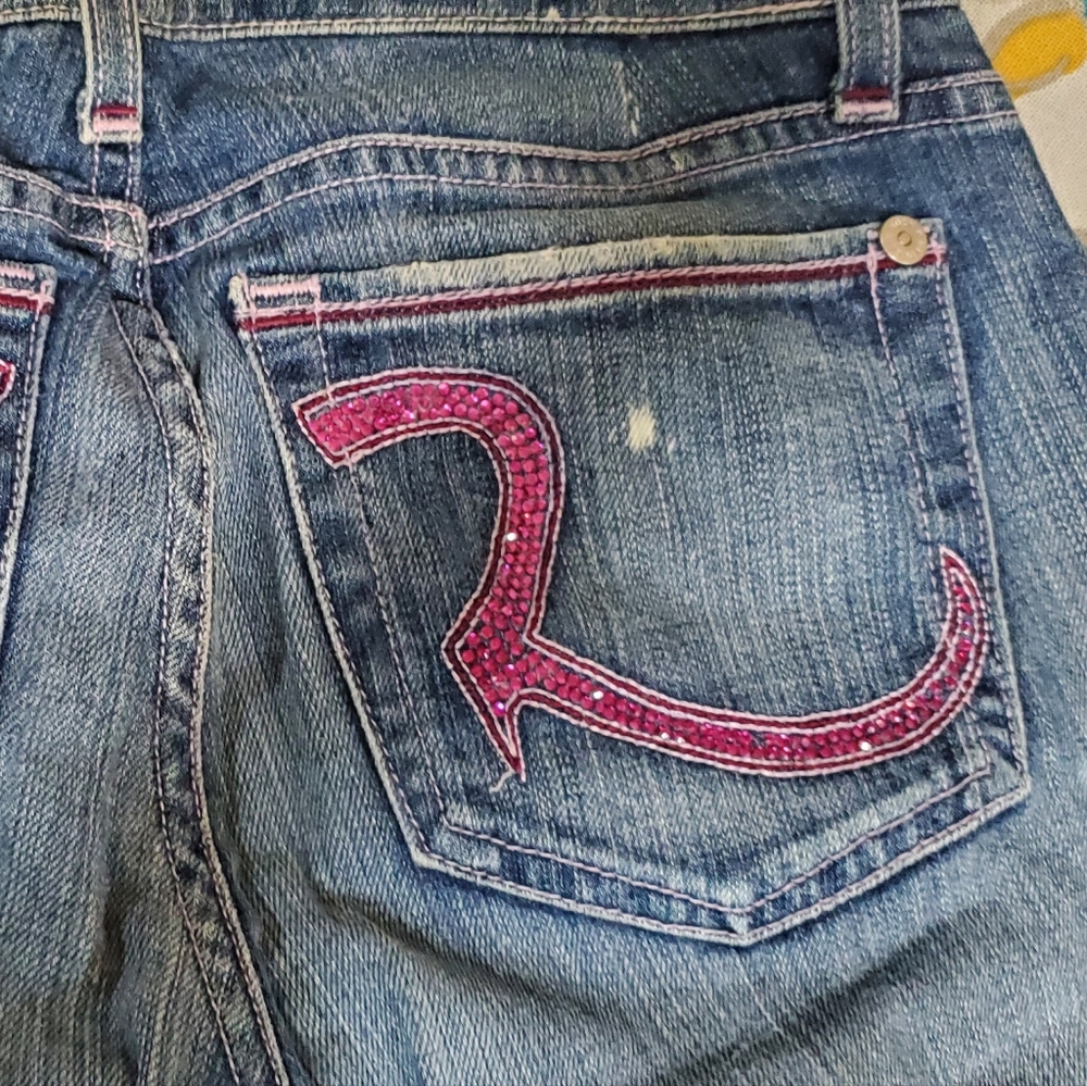 Sparkly Pink Crystal Bootcut Jeans Low Rise 27 Cool Wash